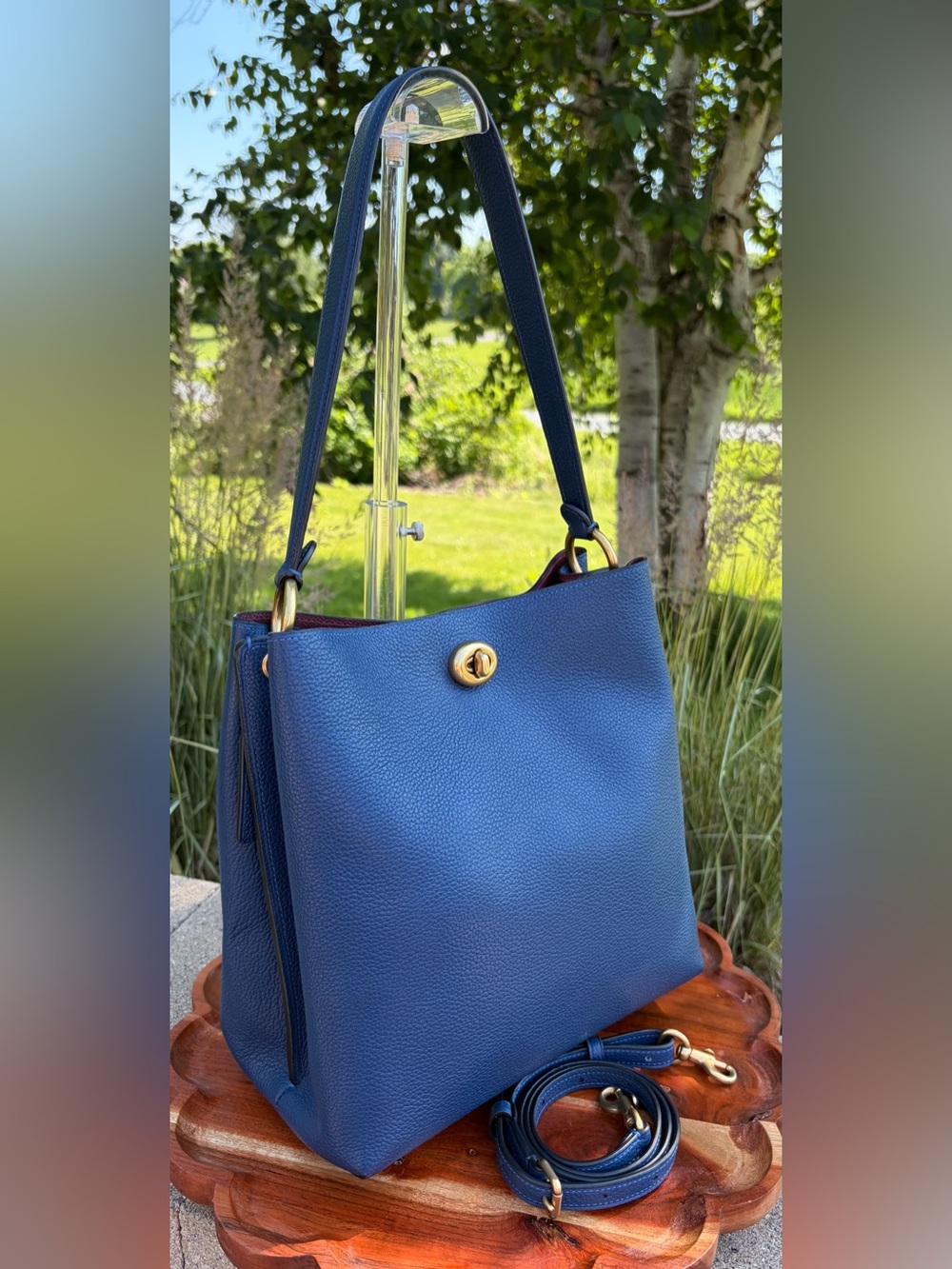 Coach Charlie Bucket Bag Tote Blue Pebble Leather Like New - Picture 3 of 17